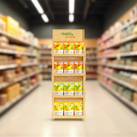 Nam Fruits floor display stand filled with pouches in a grocery aisle
