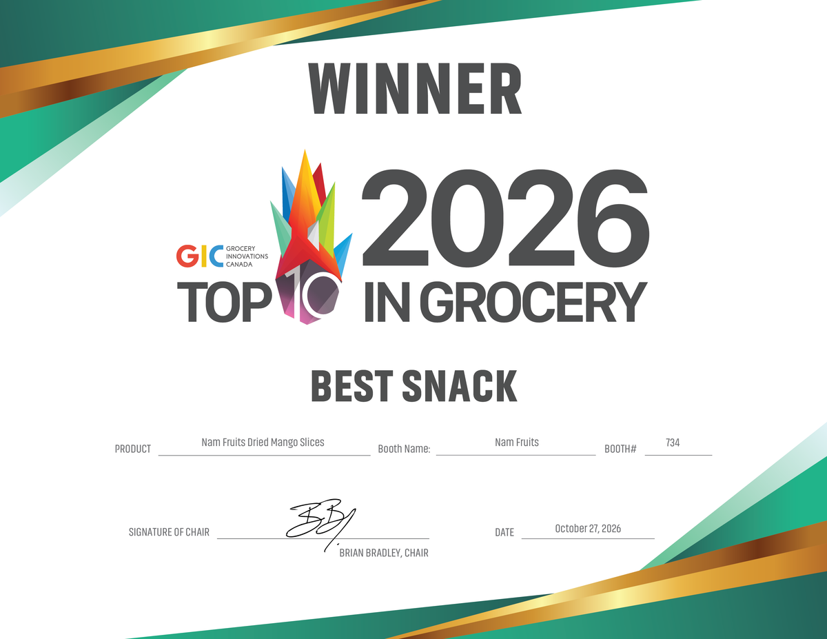 Official certificate: Winner, 2026 Top 10 in Grocery, Best Snack, Nam Fruits Dried Mango Slices, booth 734, signed by Brian Bradley, Chair, October 27, 2026
