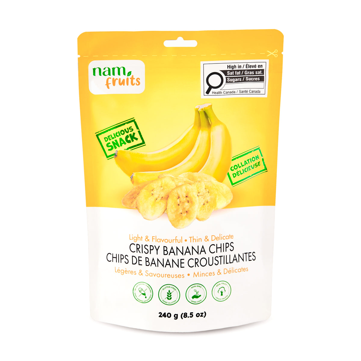 Nam Fruits Crispy Banana Chips 240 g resealable pouch, front