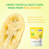 Close-up of a crisp, crunchy banana chip beside the 240 g pouch