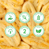 Golden banana chips with Non-GMO, No Artificial Flavours, Gluten-Free, Real Fruit, 2 Ingredients and Vegan badges