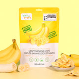 Crispy Banana Chips 240 g pouch with fresh bananas and a bowl of chips