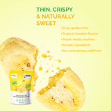 Thin, crispy banana chip breaking apart beside the 240 g pouch