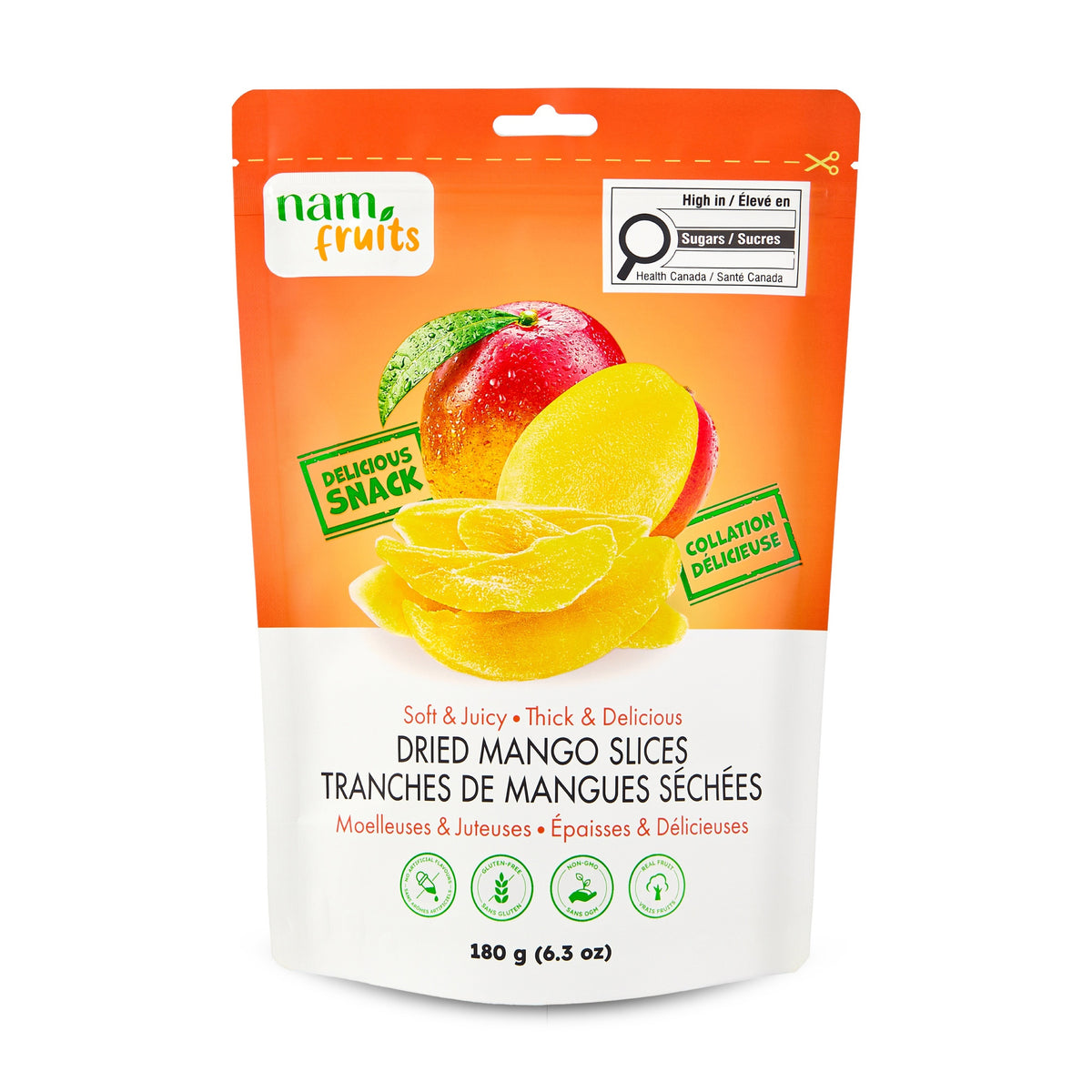 Nam Fruits Dried Mango Slices 180 g resealable pouch, front