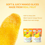 Close-up of a soft, juicy dried mango slice beside the 180 g and 454 g pouches