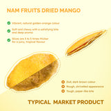 Nam Fruits dried mango slice, golden and plump, compared with a dull, thin typical market product