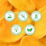 Dried mango slices with Non-GMO, No Artificial Flavours, Gluten-Free, Real Fruit and Vegan badges