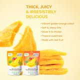Thick, juicy dried mango slices stacked beside the 180 g and 454 g pouches