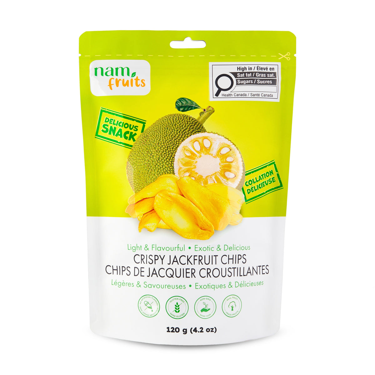Nam Fruits Crispy Jackfruit Chips 120 g resealable pouch, front