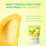 Close-up of a light, crunchy jackfruit chip beside the 120 g pouch