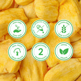 Golden jackfruit chips with Non-GMO, No Artificial Flavours, Gluten-Free, Real Fruit, 2 Ingredients and Vegan badges