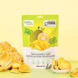Crispy Jackfruit Chips 120 g pouch with fresh jackfruit and a bowl of chips