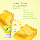 Light, crispy jackfruit chip breaking apart beside the 120 g pouch
