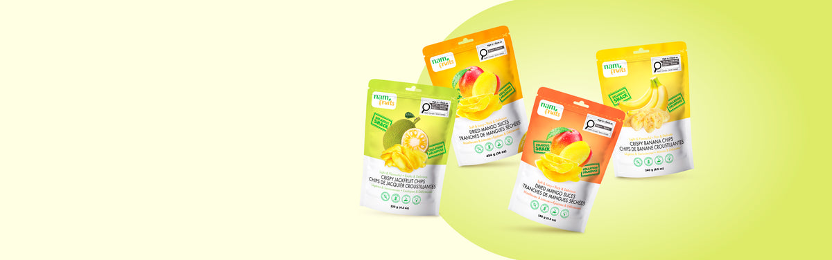 Nam Fruits bags: mango slices, banana chips and jackfruit chips